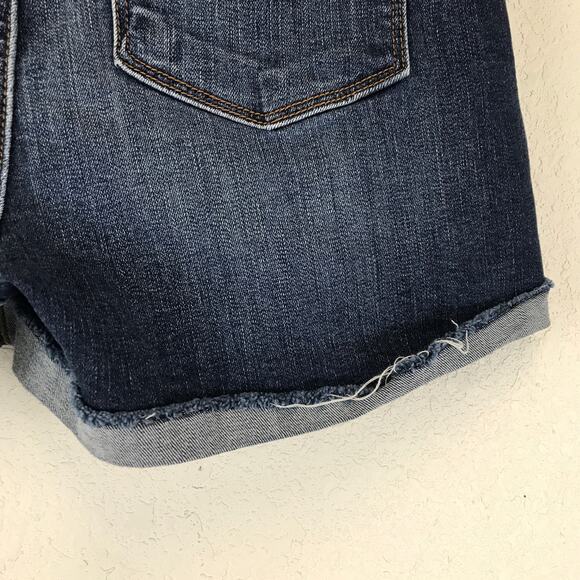 Kancan Jess Ultra High Rise Exposed Button Fly Dark Wash Folded Hem Denim Shorts - Picture 10 of 11